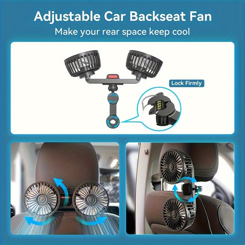 Dual Head Rear Car Fan with Super Powerful Cooling - Quiet Dual Head Fans, Ultra-Low Noise, Foldable Design, Long 70-inch USB Cord, for Cars, Home, Office, Travel - Vehicle Compatibility, Home Ventilation, Sleek Design, Efficient Airflow, Office Workers