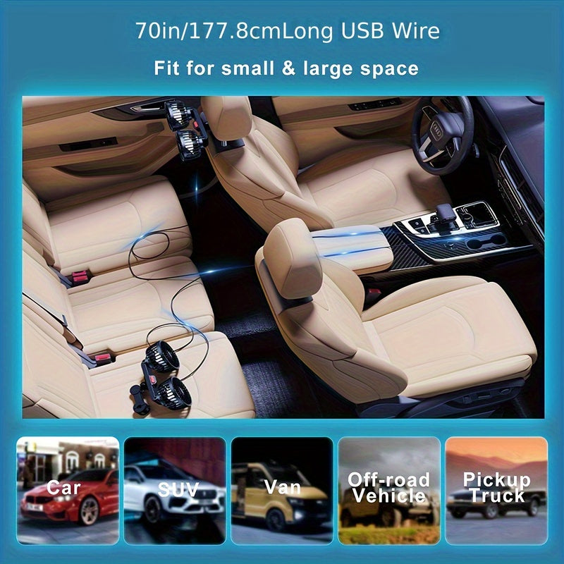 Dual Head Rear Car Fan with Super Powerful Cooling - Quiet Dual Head Fans, Ultra-Low Noise, Foldable Design, Long 70-inch USB Cord, for Cars, Home, Office, Travel - Vehicle Compatibility, Home Ventilation, Sleek Design, Efficient Airflow, Office Workers