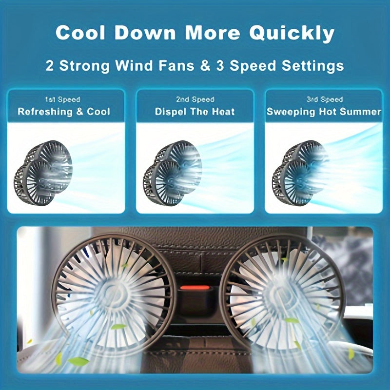 Dual Head Rear Car Fan with Super Powerful Cooling - Quiet Dual Head Fans, Ultra-Low Noise, Foldable Design, Long 70-inch USB Cord, for Cars, Home, Office, Travel - Vehicle Compatibility, Home Ventilation, Sleek Design, Efficient Airflow, Office Workers