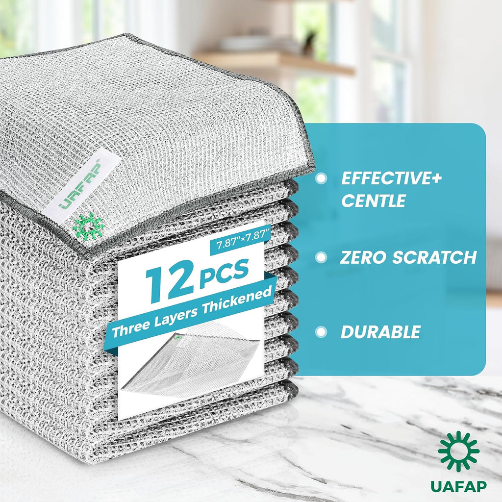 Dish Rags for Washing Dishes,Upgrade 3-Layer,12pcs,7.87“ x 7.87” | non-scratch wire, wet & dry clening, effortlessly strips stuck-on grime, great for cookware, sinks, dishes and stove tops
