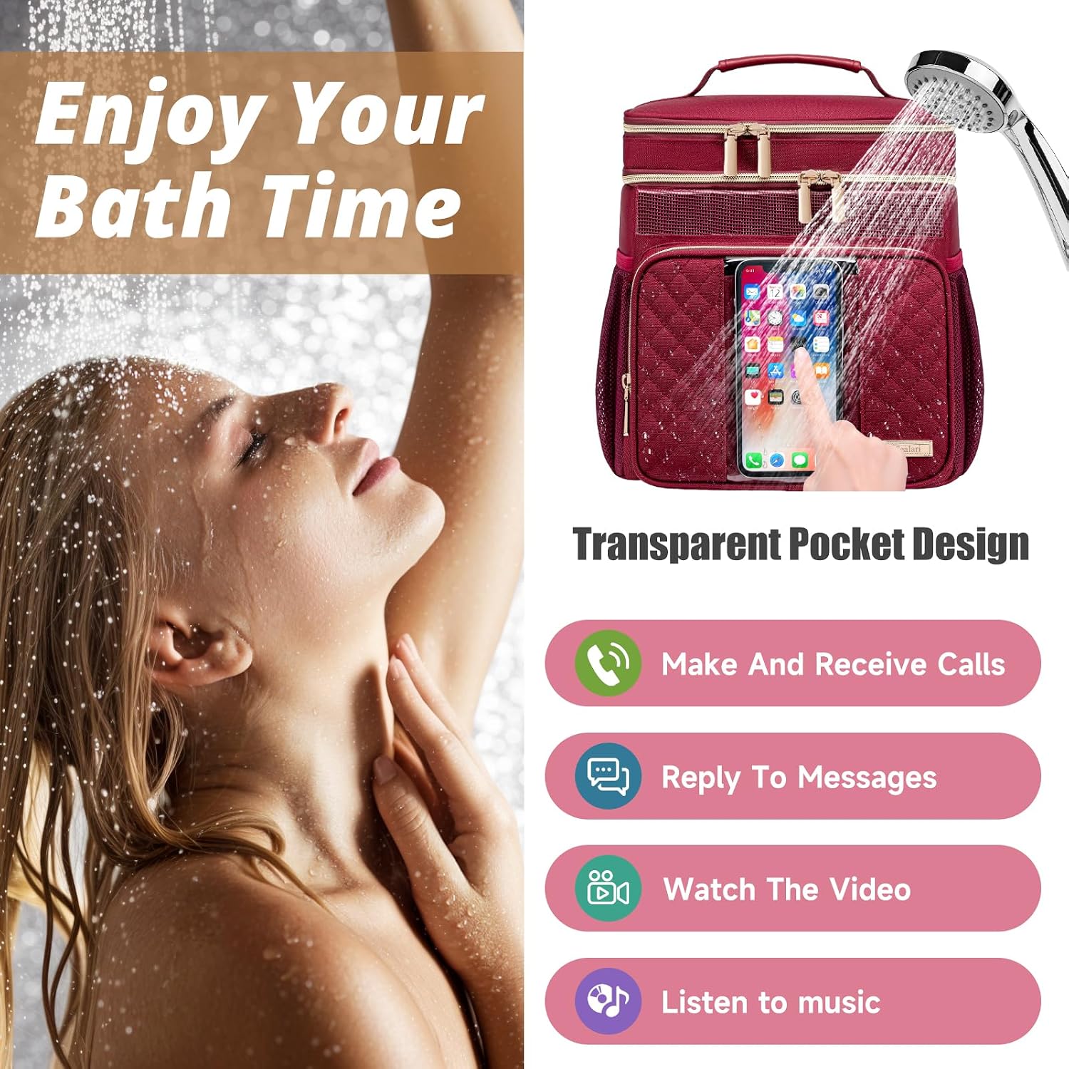 Tealari Large Toiletry Bag for Women Men,Bathroom Bag,Water Resistant Shower Bag,Makeup Bag,Portable Shower Caddy for College Dorm,Hanging Travel Toiletry Bag with Transparent Waterproof Phone Pocket