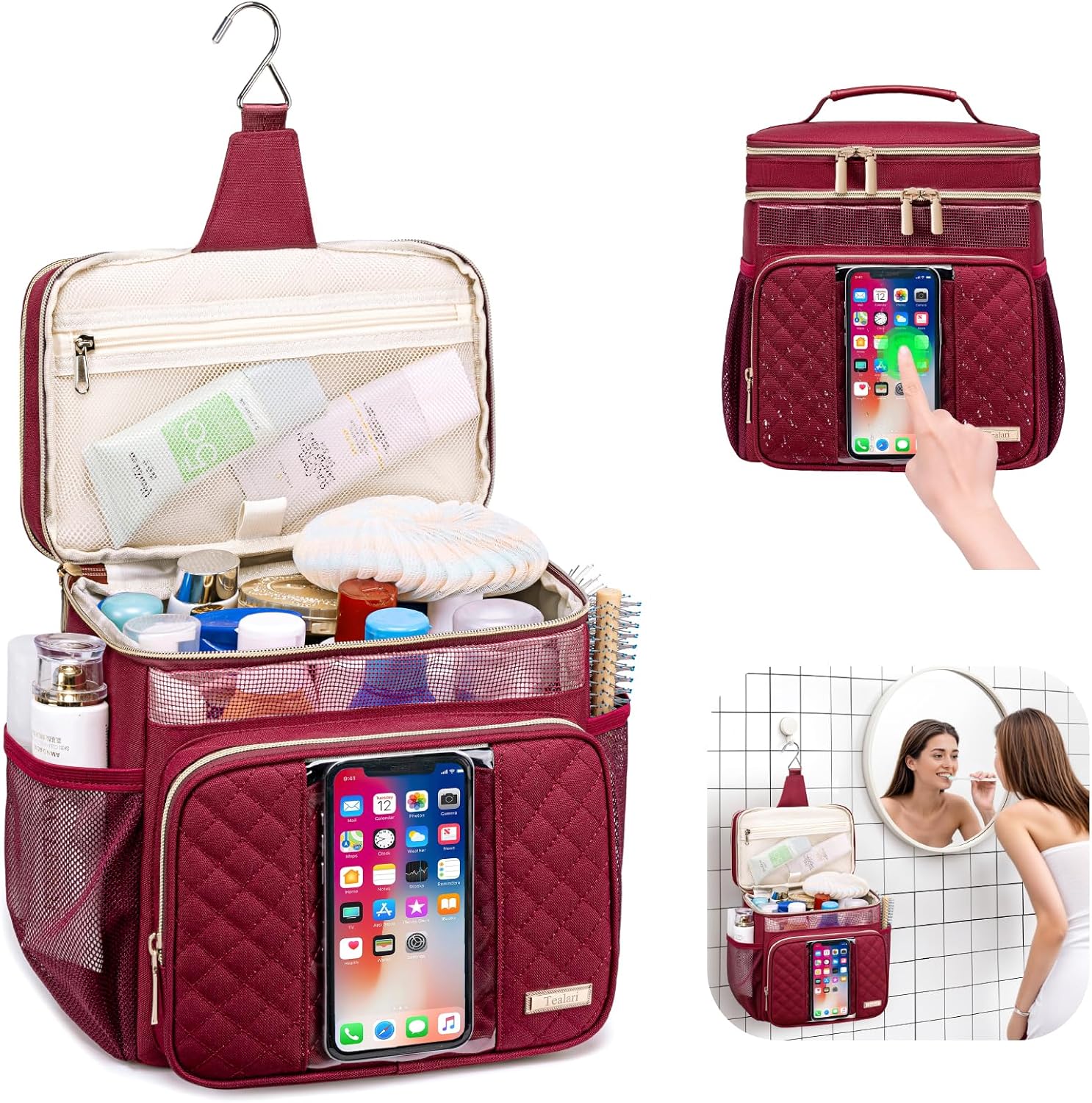 Tealari Large Toiletry Bag for Women Men,Bathroom Bag,Water Resistant Shower Bag,Makeup Bag,Portable Shower Caddy for College Dorm,Hanging Travel Toiletry Bag with Transparent Waterproof Phone Pocket