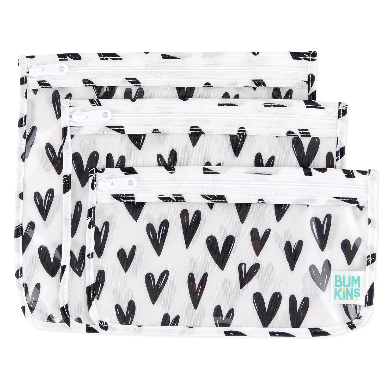 Bumkins Travel Bag, Toiletry, TSA Approved Pouch, Zip Bag, Quart Size Airline Compliant, Clear-Sided, Baby, Diaper Bag Organization, Makeup, Accessories, Packing, Set of 3 Sizes, Black Hearts