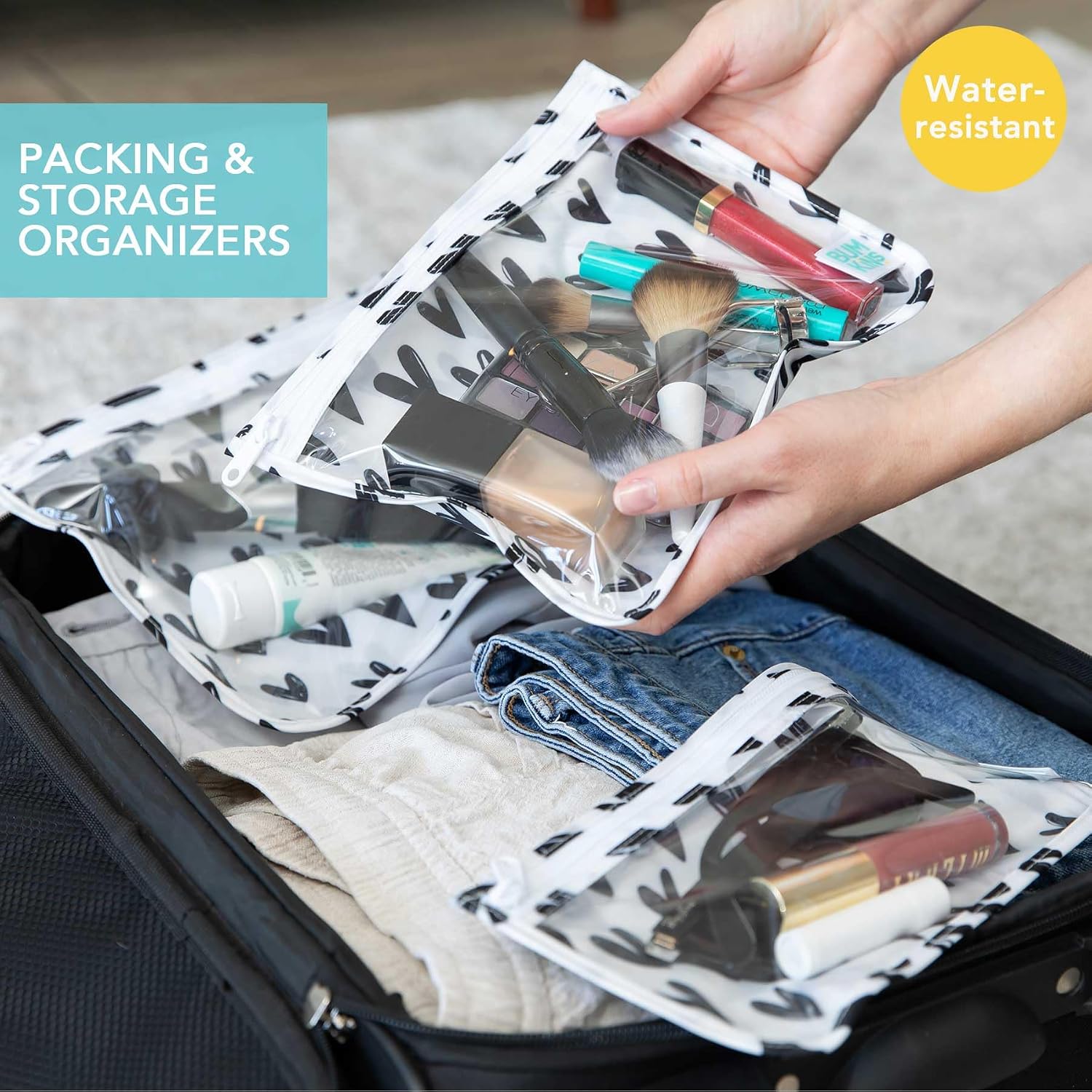 Bumkins Travel Bag, Toiletry, TSA Approved Pouch, Zip Bag, Quart Size Airline Compliant, Clear-Sided, Baby, Diaper Bag Organization, Makeup, Accessories, Packing, Set of 3 Sizes, Black Hearts