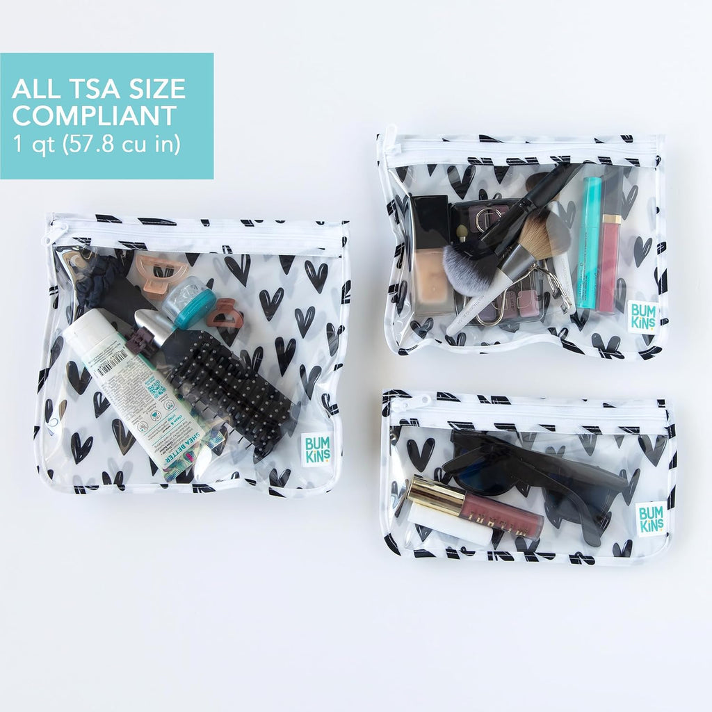 Bumkins Travel Bag, Toiletry, TSA Approved Pouch, Zip Bag, Quart Size Airline Compliant, Clear-Sided, Baby, Diaper Bag Organization, Makeup, Accessories, Packing, Set of 3 Sizes, Black Hearts