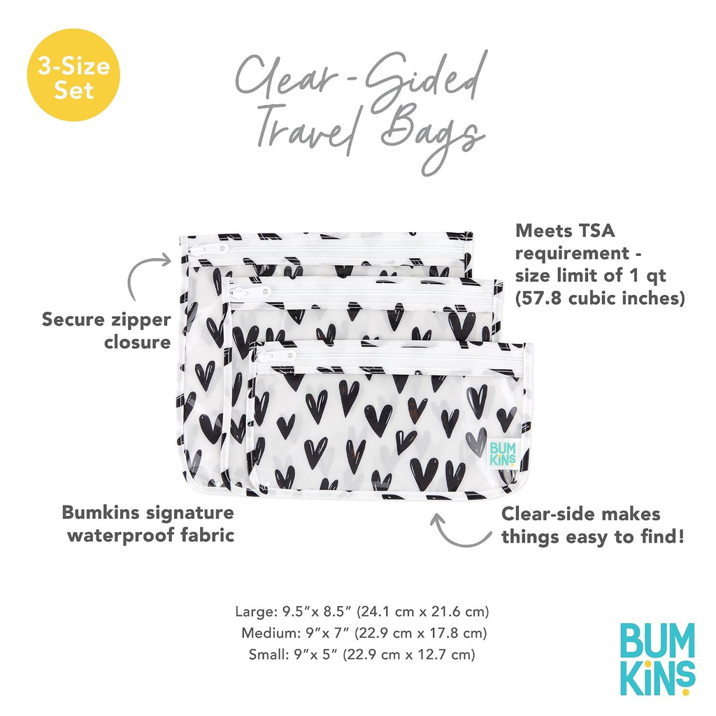 Bumkins Travel Bag, Toiletry, TSA Approved Pouch, Zip Bag, Quart Size Airline Compliant, Clear-Sided, Baby, Diaper Bag Organization, Makeup, Accessories, Packing, Set of 3 Sizes, Black Hearts