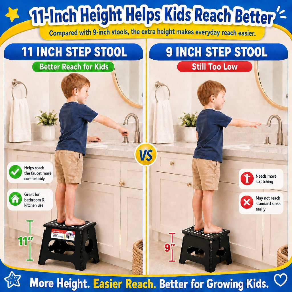 11 Inch Folding Step Stool for Kids, Non-Slip Foldable Stools, Black | Heavy Duty Collapsible Foot Stool, Lightweight with Built-in Handle, Holds 300 lb for Adults Kitchen Bathroom Bedroom Outdoor