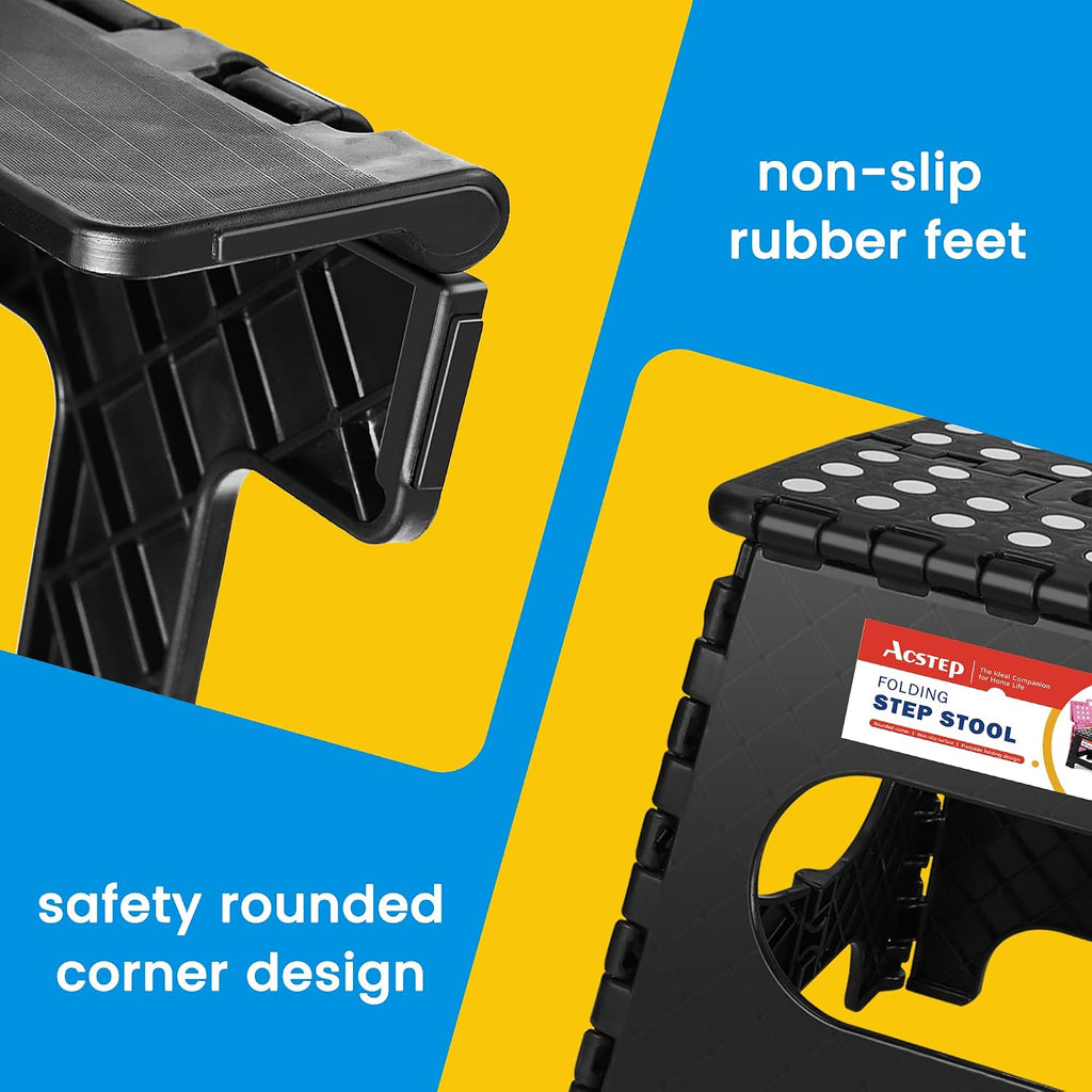 11 Inch Folding Step Stool for Kids, Non-Slip Foldable Stools, Black | Heavy Duty Collapsible Foot Stool, Lightweight with Built-in Handle, Holds 300 lb for Adults Kitchen Bathroom Bedroom Outdoor