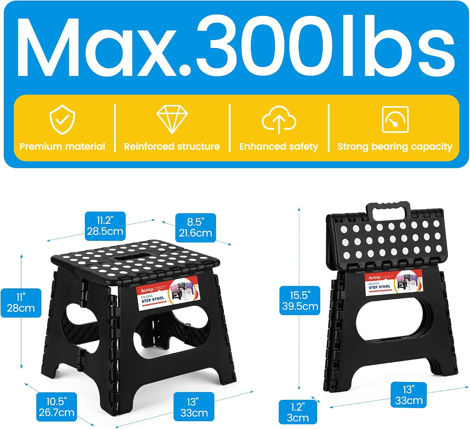 11 Inch Folding Step Stool for Kids, Non-Slip Foldable Stools, Black | Heavy Duty Collapsible Foot Stool, Lightweight with Built-in Handle, Holds 300 lb for Adults Kitchen Bathroom Bedroom Outdoor