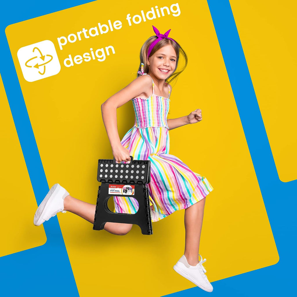 11 Inch Folding Step Stool for Kids, Non-Slip Foldable Stools, Black | Heavy Duty Collapsible Foot Stool, Lightweight with Built-in Handle, Holds 300 lb for Adults Kitchen Bathroom Bedroom Outdoor