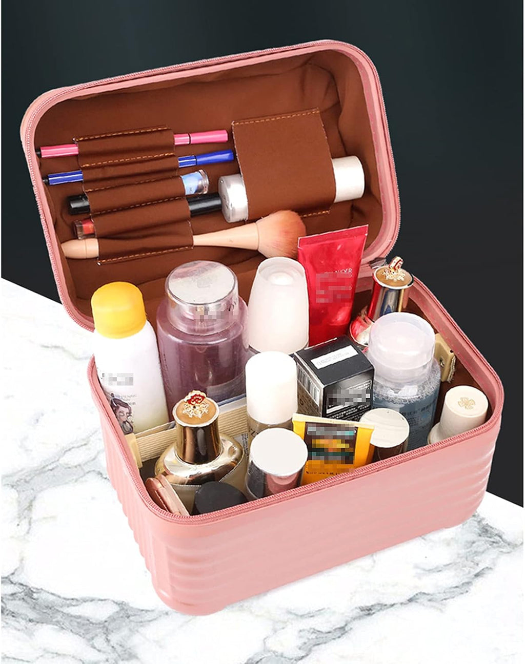 Large Capacity Hard Shell Portable Cosmetic Case,Train Box Cosmetic Storage Bag Makeup Bag with Brush Organizer Travel Bag Case for Women Gift(Pink)