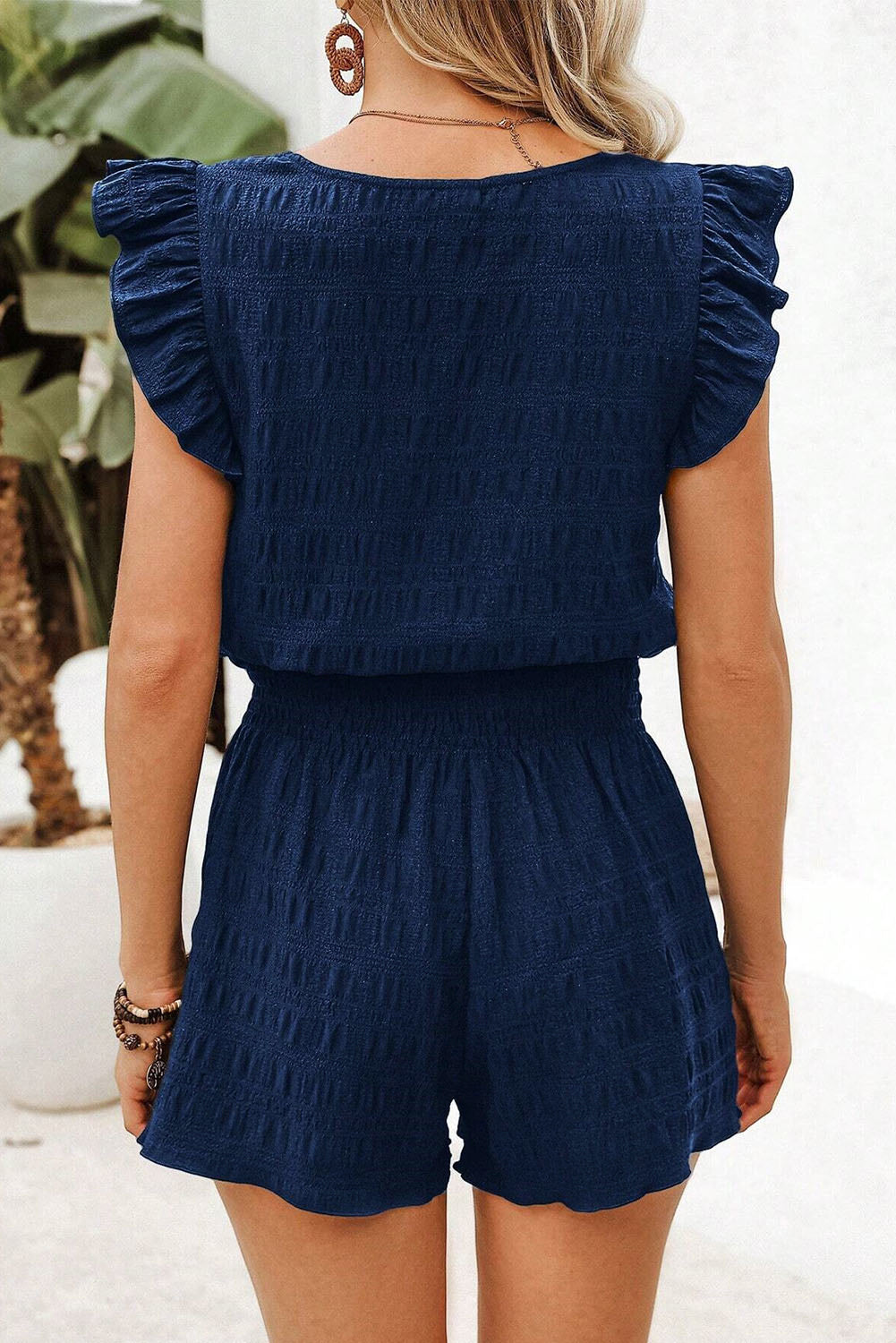 Peach Blossom Textured Square Neck Top and Shirred High Waist Shorts Set