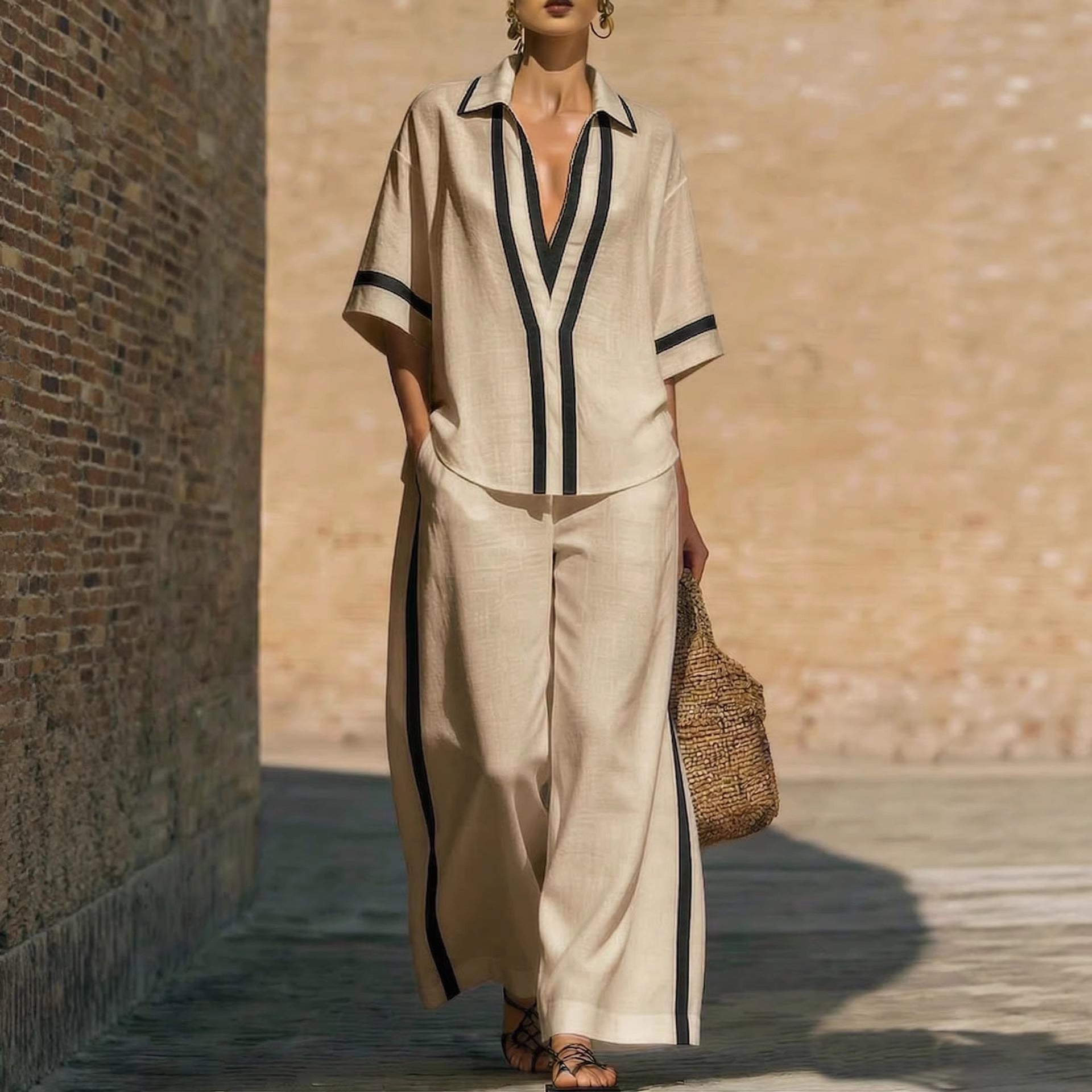Color Block Short Sleeve Top And Wide Leg Pants Two Piece Set - Casual Summer Loose Fit Matching Outfit For Women Daily Wear