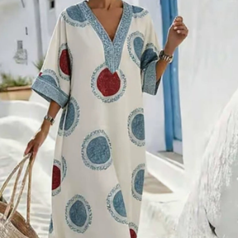 The 'Santorini-Breeze' Geometric V-Neck Kaftan Dress