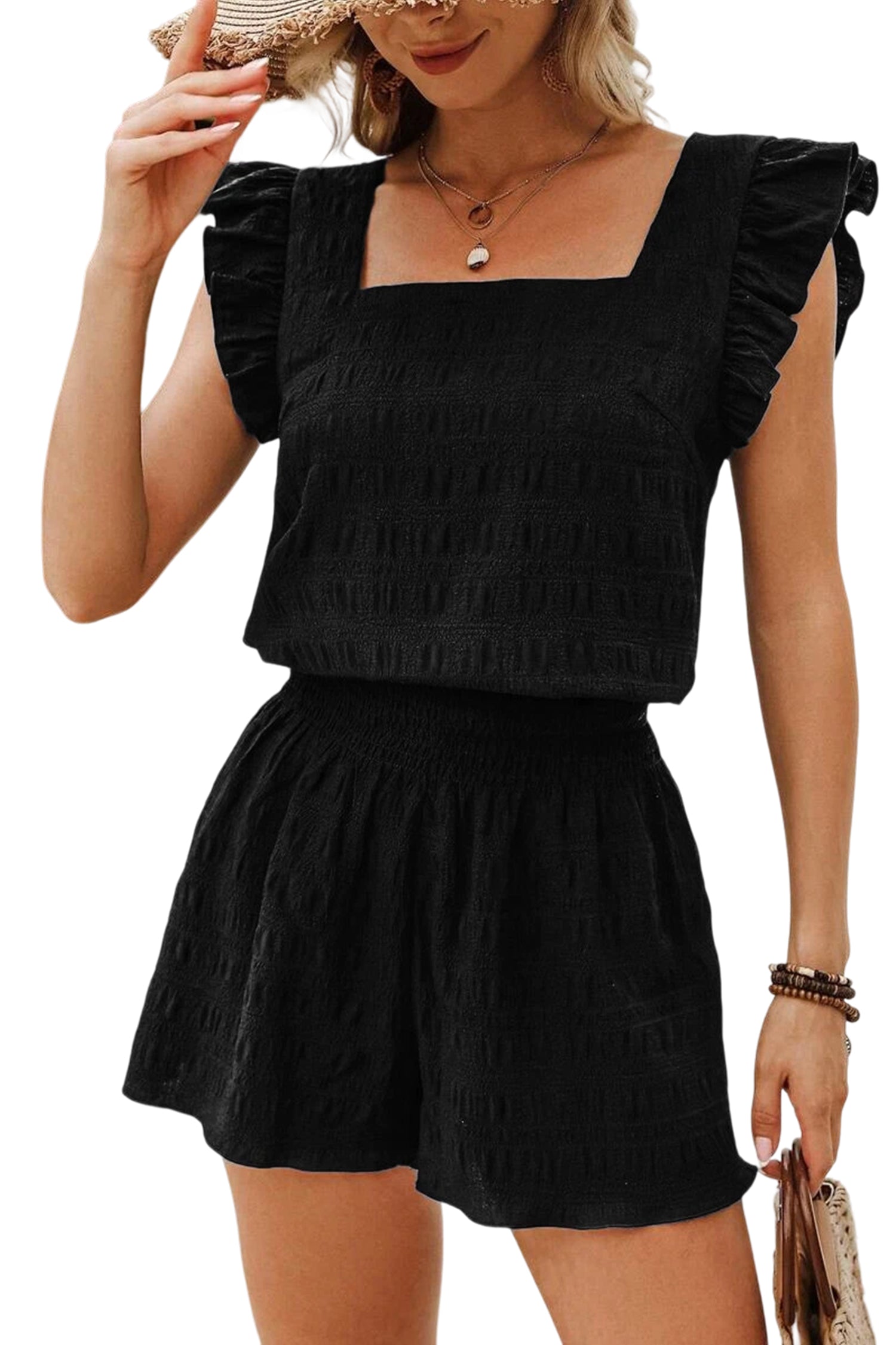 Peach Blossom Textured Square Neck Top and Shirred High Waist Shorts Set