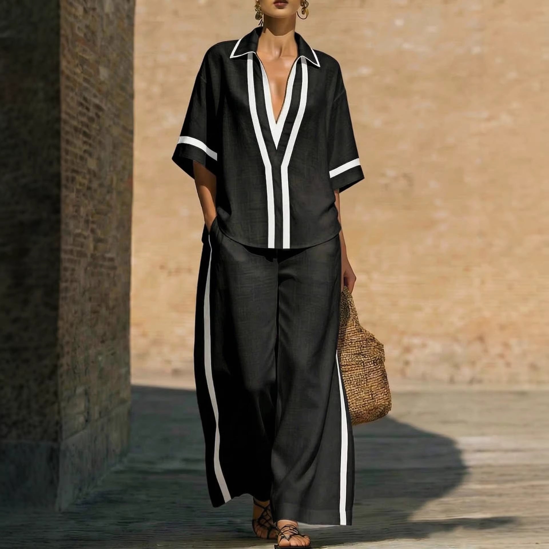 Color Block Short Sleeve Top And Wide Leg Pants Two Piece Set - Casual Summer Loose Fit Matching Outfit For Women Daily Wear