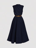 The 'Timeless-Elegance' Draped High-Neck A-Line Dress