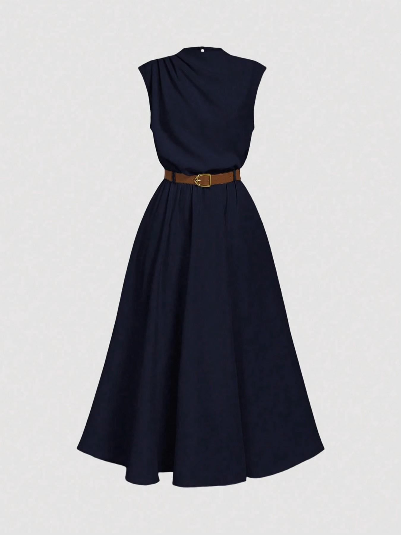 The 'Timeless-Elegance' Draped High-Neck A-Line Dress