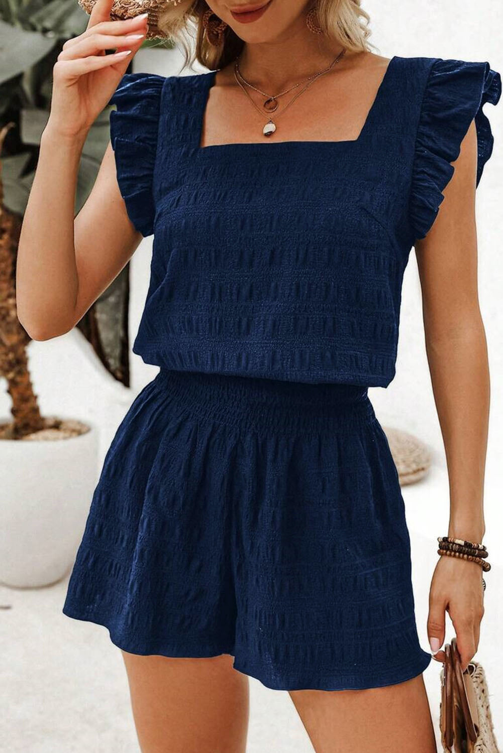 Peach Blossom Textured Square Neck Top and Shirred High Waist Shorts Set
