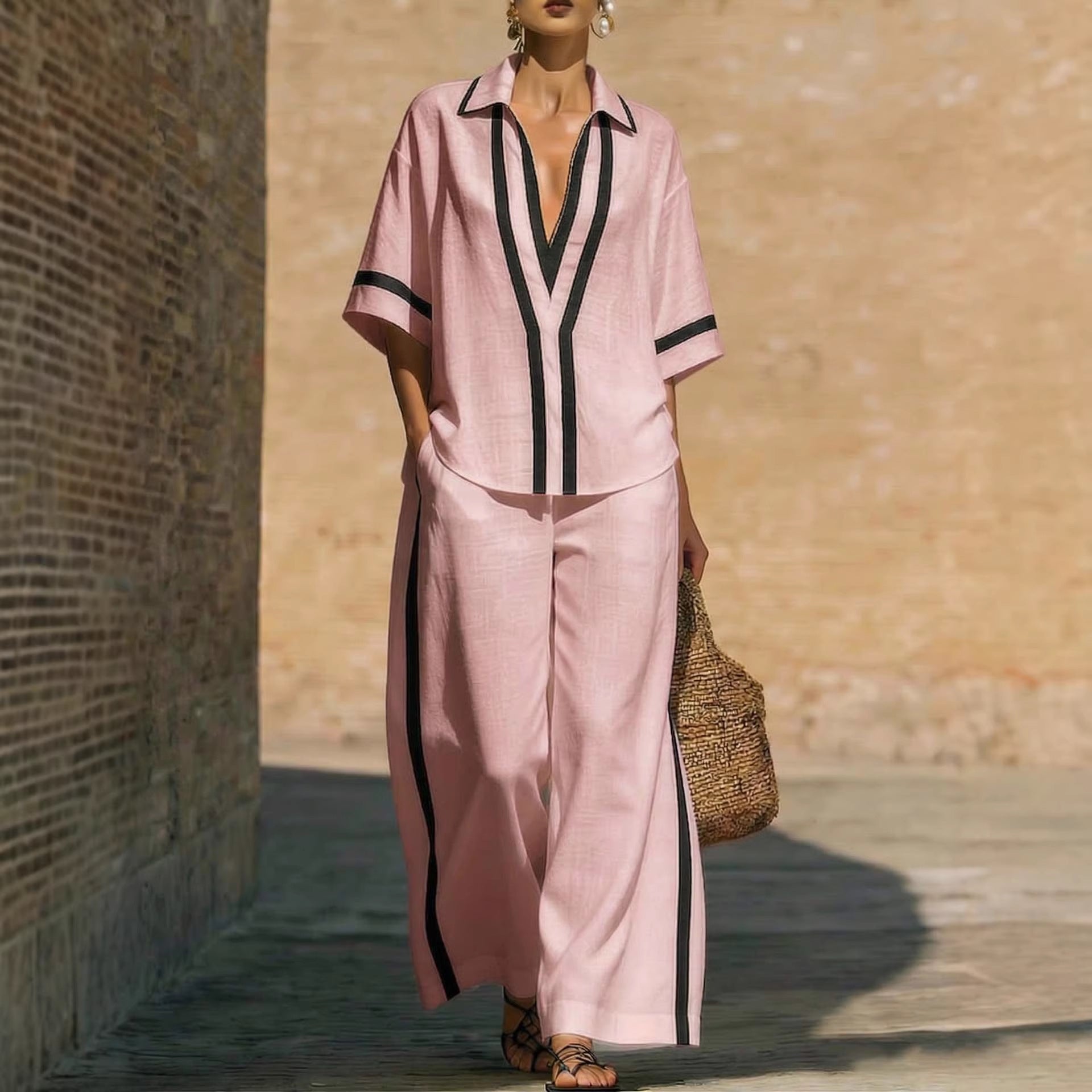 Color Block Short Sleeve Top And Wide Leg Pants Two Piece Set - Casual Summer Loose Fit Matching Outfit For Women Daily Wear