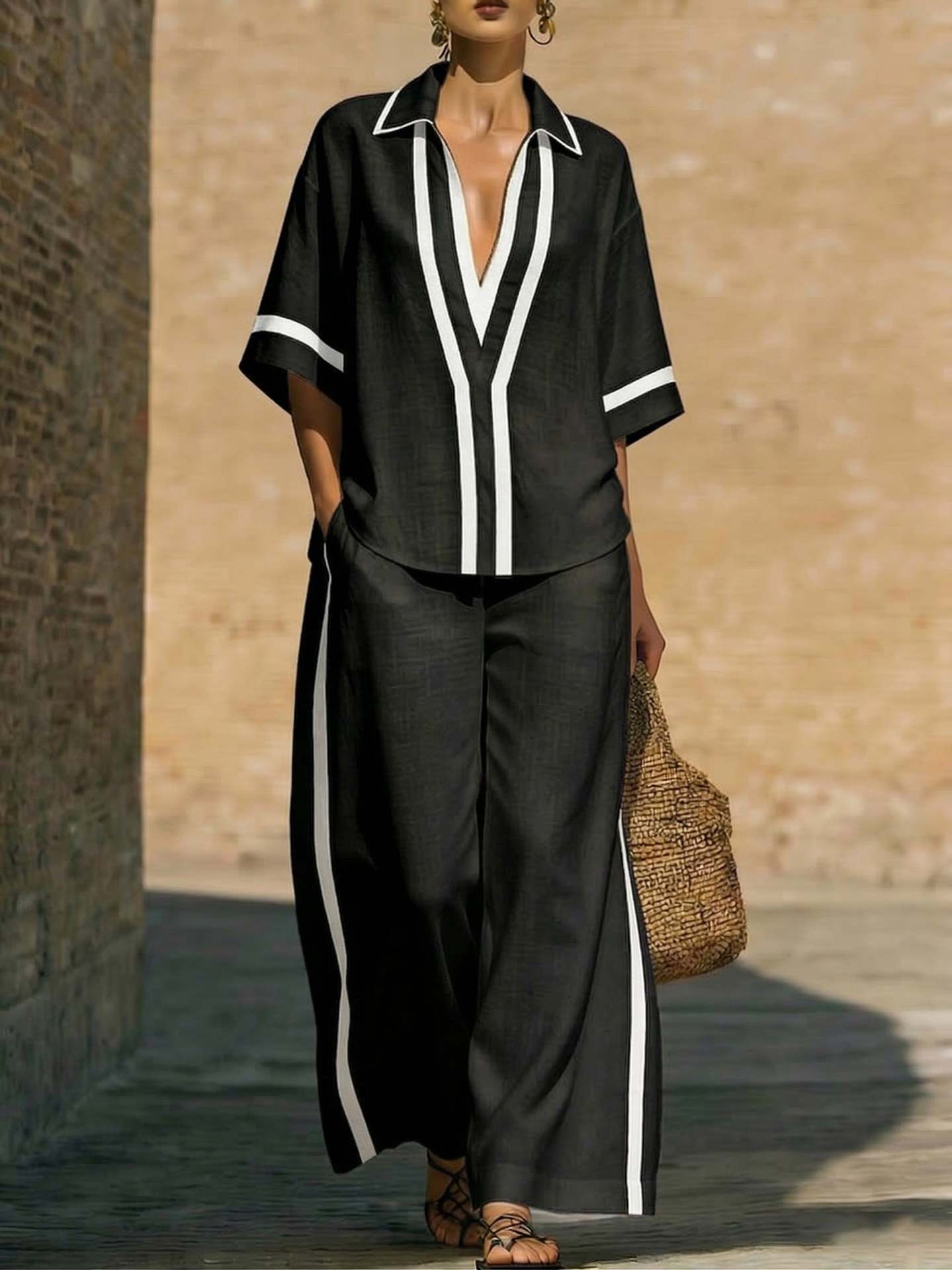 Color Block Short Sleeve Top And Wide Leg Pants Two Piece Set - Casual Summer Loose Fit Matching Outfit For Women Daily Wear
