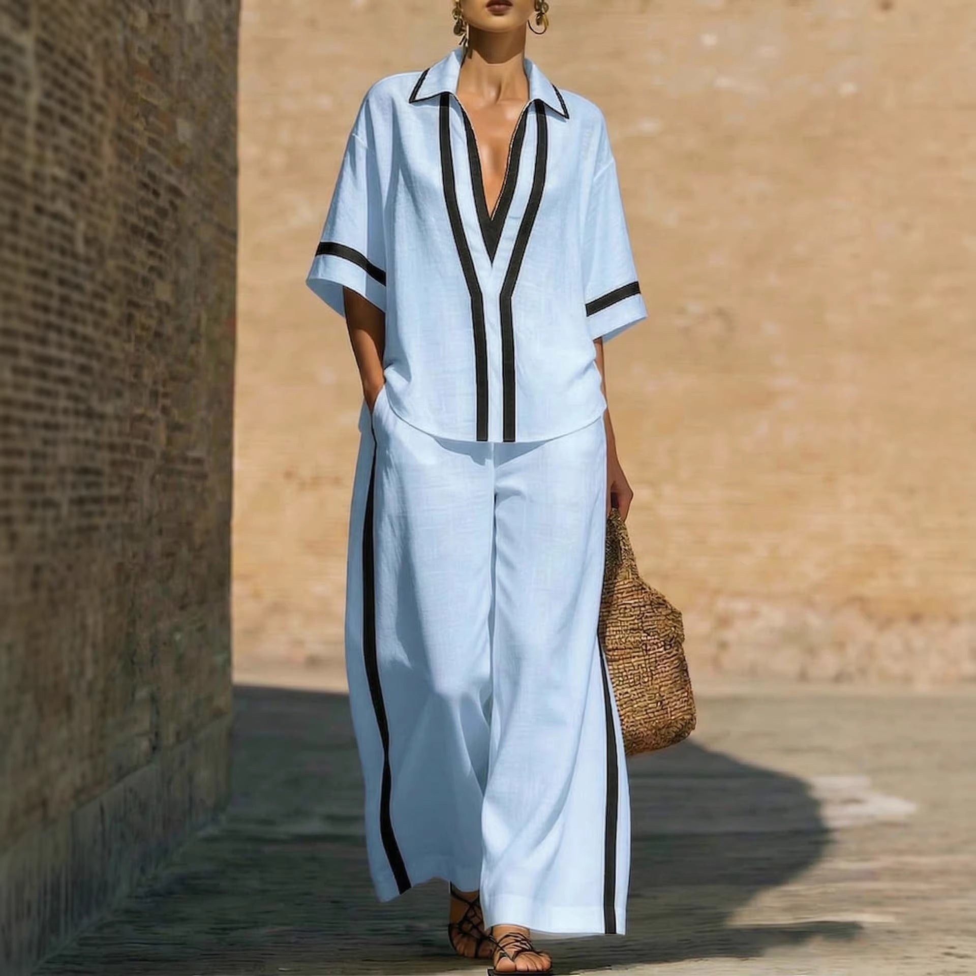 Color Block Short Sleeve Top And Wide Leg Pants Two Piece Set - Casual Summer Loose Fit Matching Outfit For Women Daily Wear
