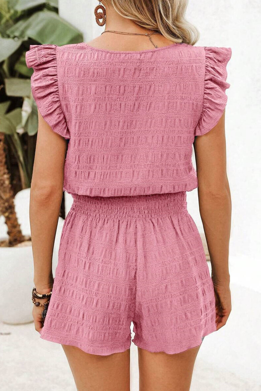 Peach Blossom Textured Square Neck Top and Shirred High Waist Shorts Set