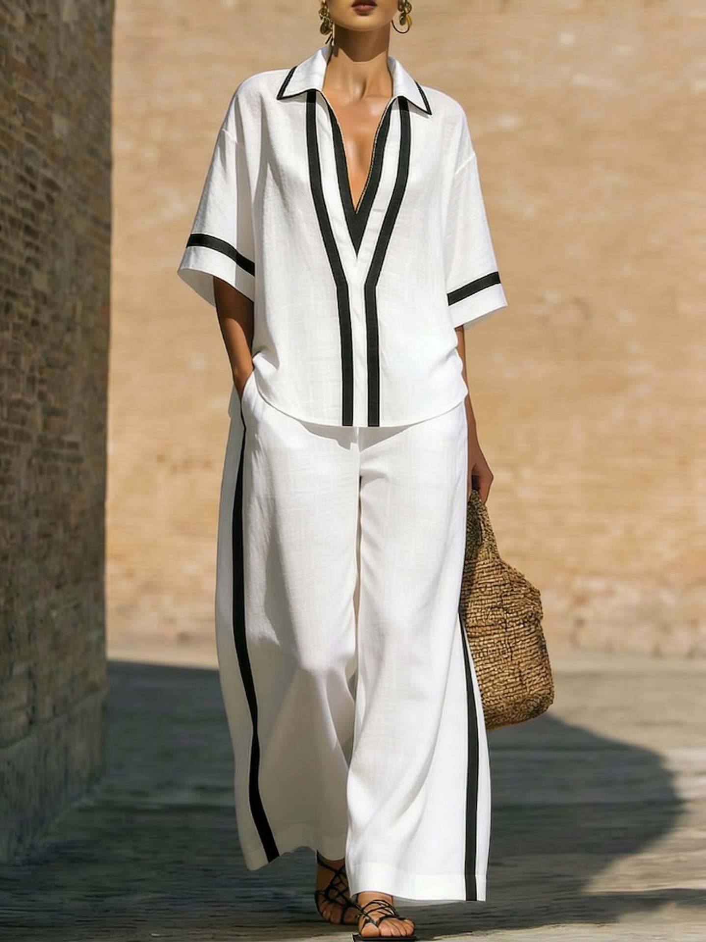 Color Block Short Sleeve Top And Wide Leg Pants Two Piece Set - Casual Summer Loose Fit Matching Outfit For Women Daily Wear
