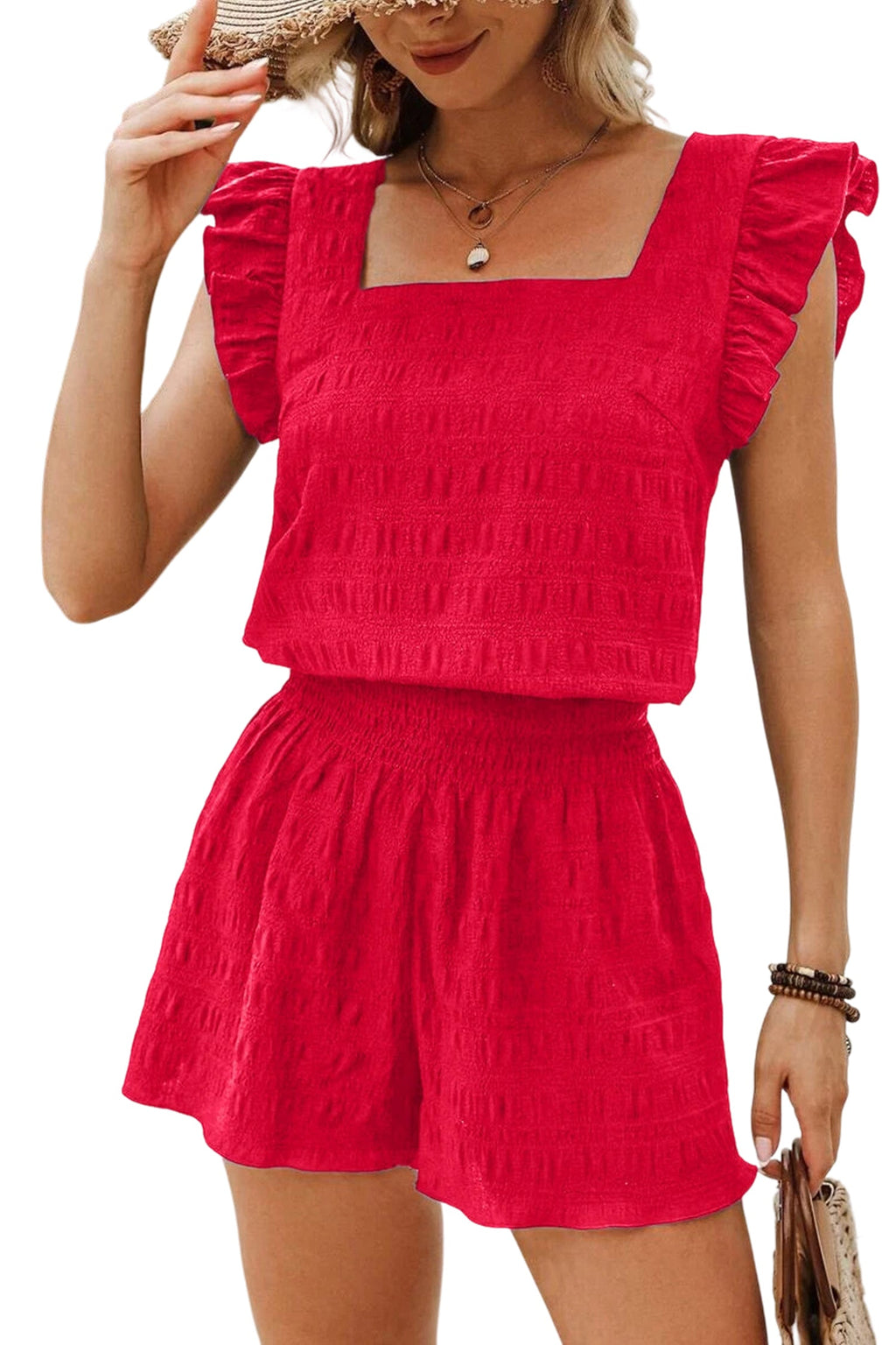 Peach Blossom Textured Square Neck Top and Shirred High Waist Shorts Set