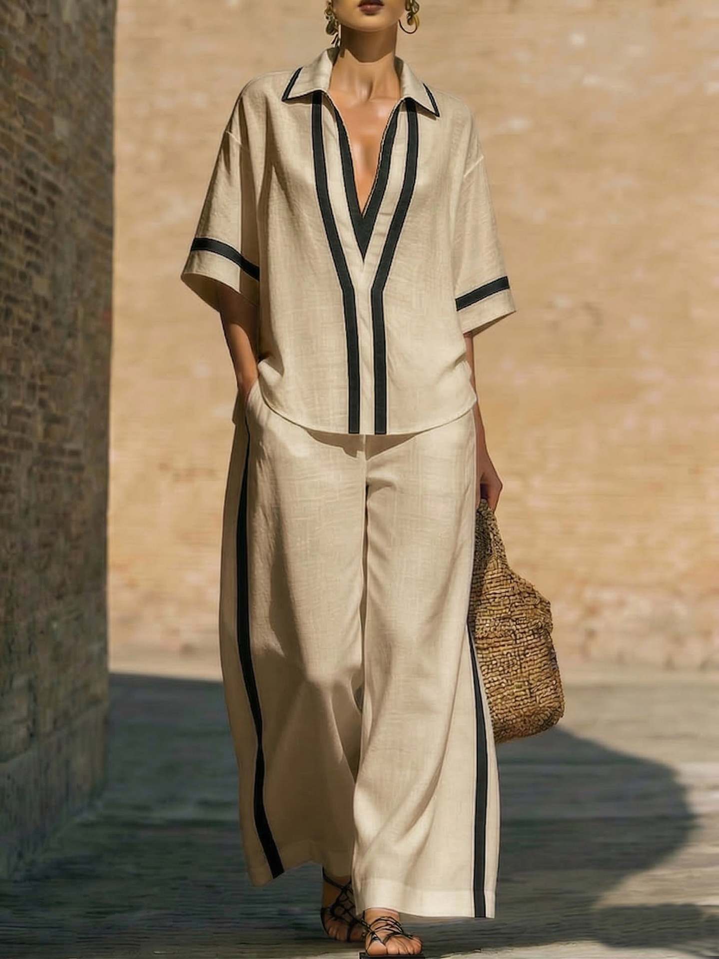 Color Block Short Sleeve Top And Wide Leg Pants Two Piece Set - Casual Summer Loose Fit Matching Outfit For Women Daily Wear
