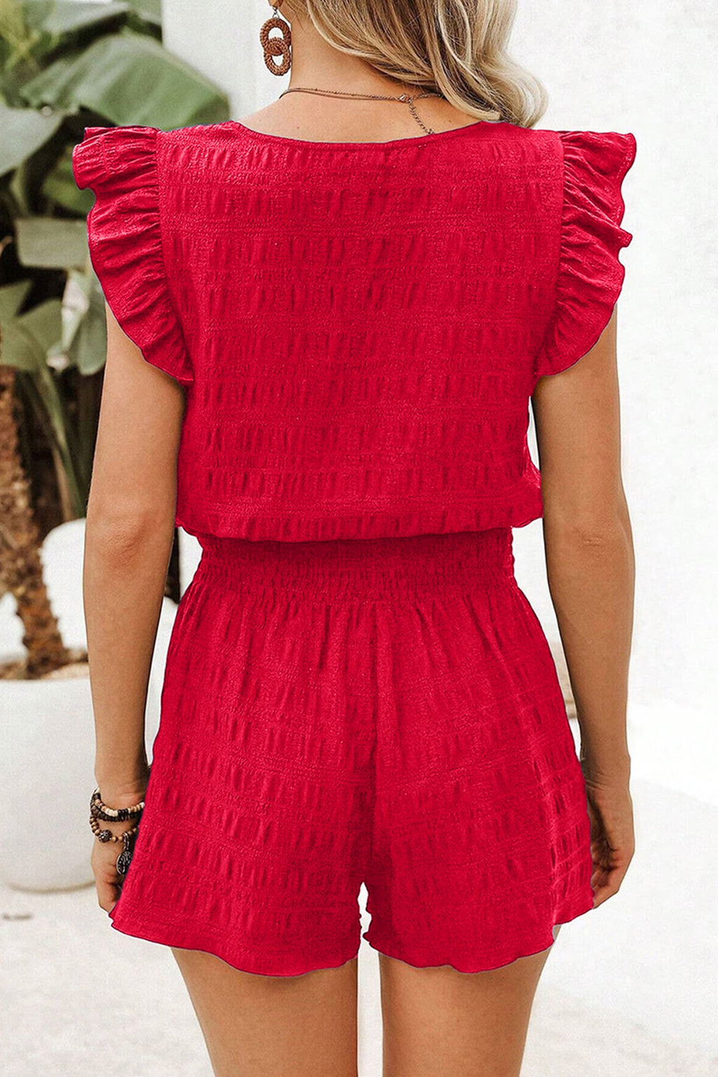 Peach Blossom Textured Square Neck Top and Shirred High Waist Shorts Set