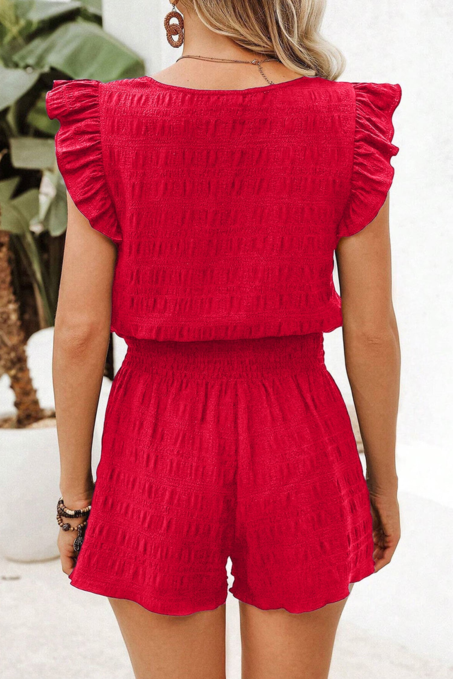 Peach Blossom Textured Square Neck Top and Shirred High Waist Shorts Set