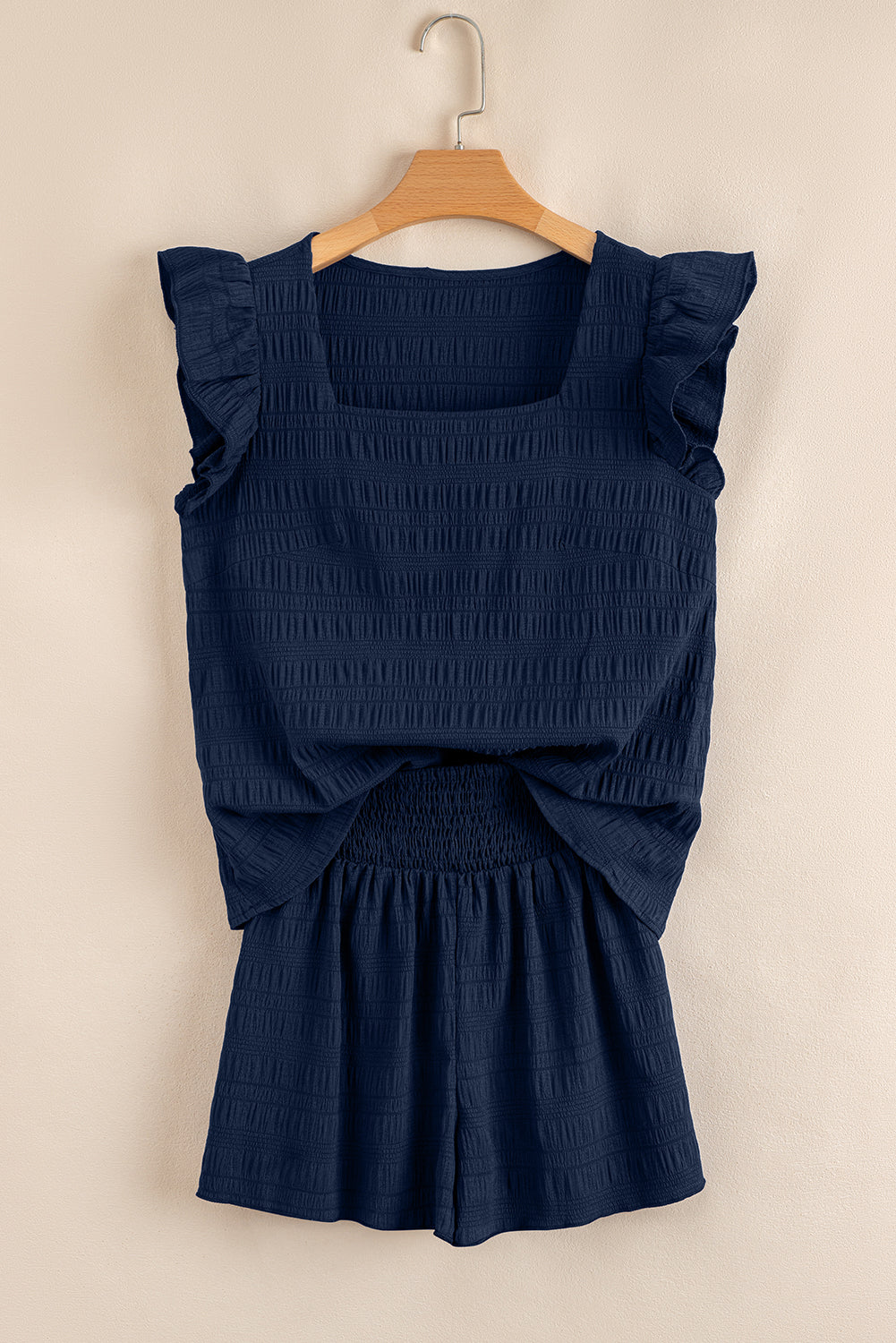 Peach Blossom Textured Square Neck Top and Shirred High Waist Shorts Set