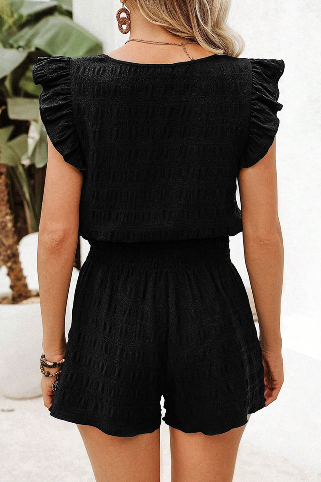 Peach Blossom Textured Square Neck Top and Shirred High Waist Shorts Set