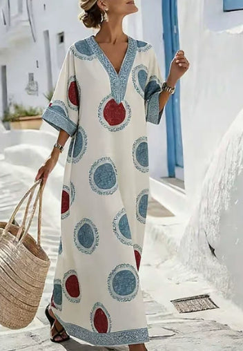 The 'Santorini-Breeze' Geometric V-Neck Kaftan Dress