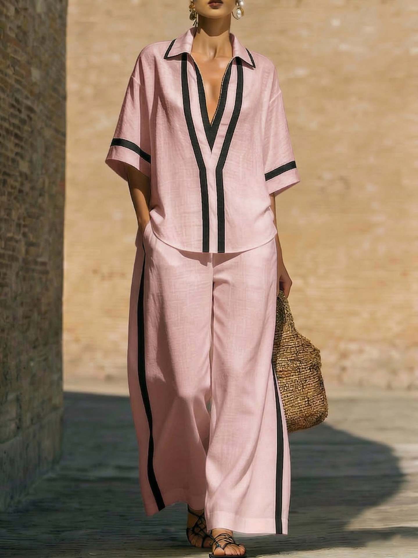 Color Block Short Sleeve Top And Wide Leg Pants Two Piece Set - Casual Summer Loose Fit Matching Outfit For Women Daily Wear