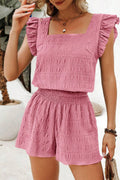 Peach Blossom Textured Square Neck Top and Shirred High Waist Shorts Set