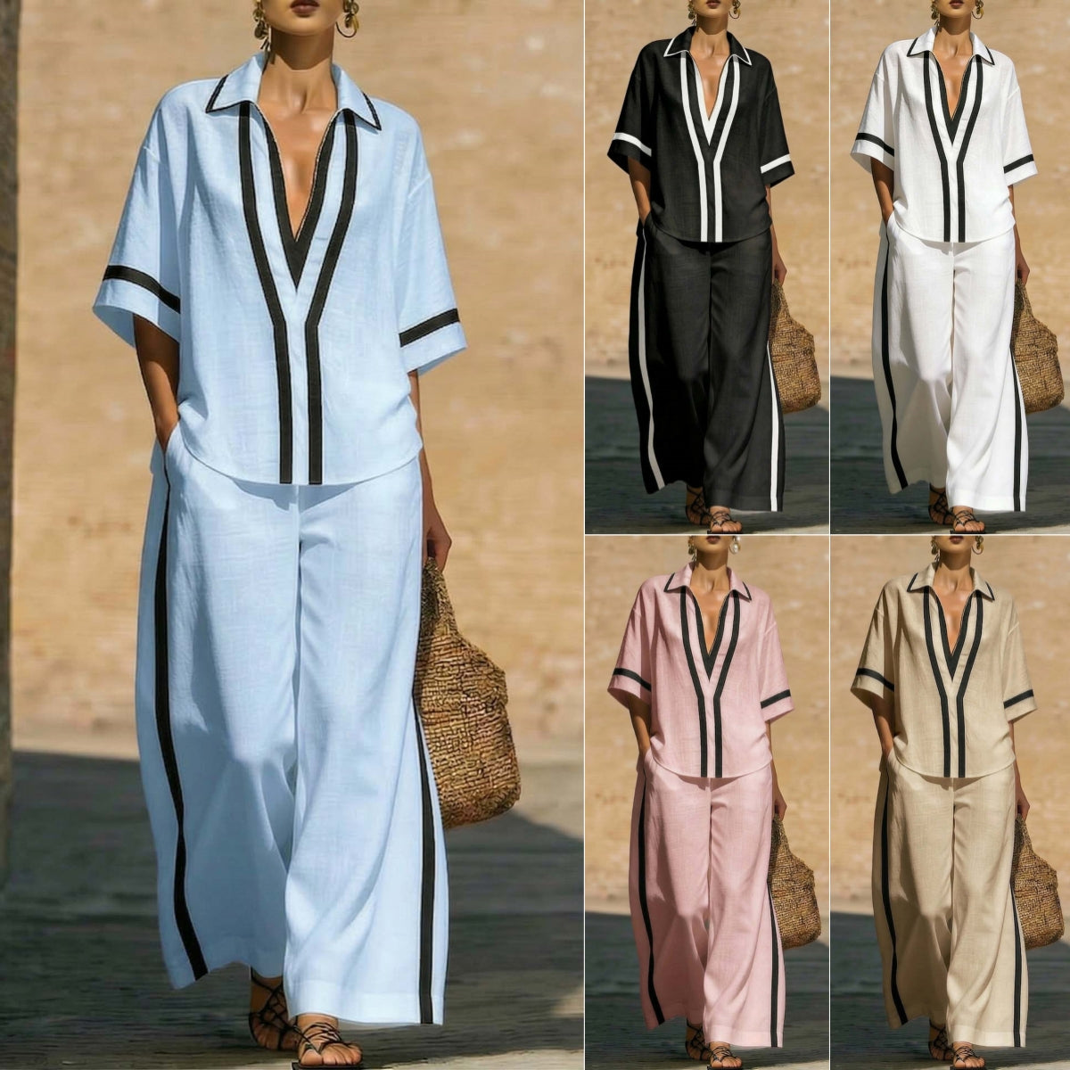 Color Block Short Sleeve Top And Wide Leg Pants Two Piece Set - Casual Summer Loose Fit Matching Outfit For Women Daily Wear